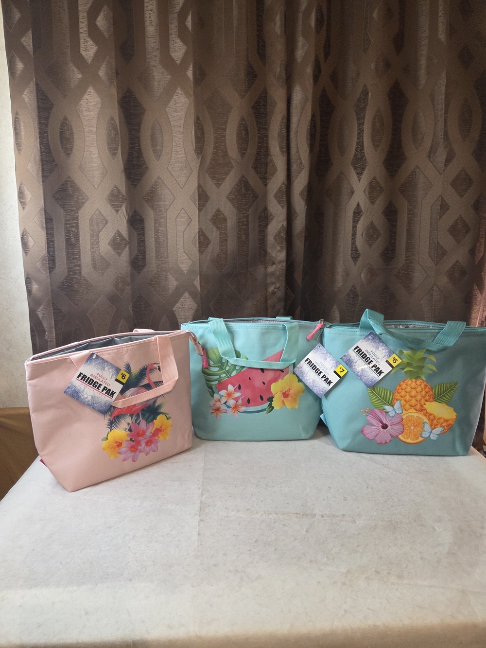 Lot Of 3-Floral & Fruit Insulated Tote - Pink / Aqua by Fridge Pak